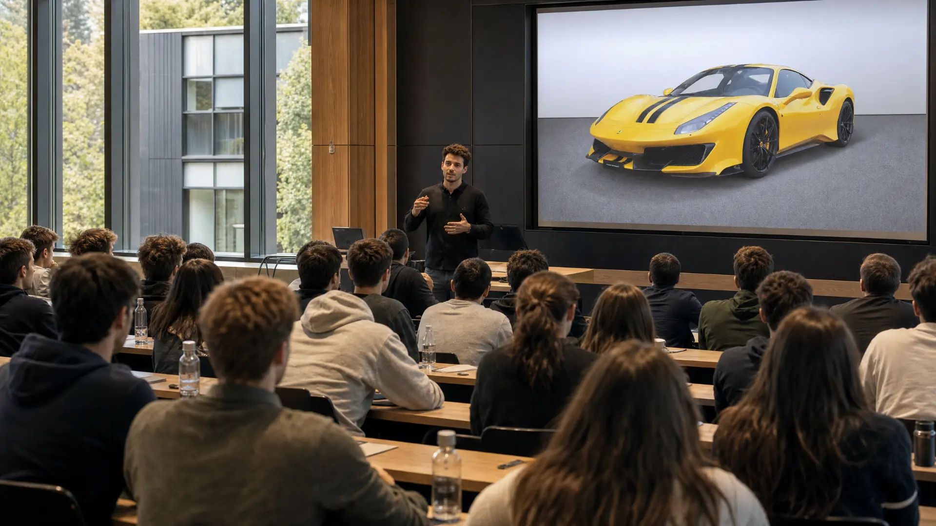 Students in a lecture hall during an experiential workshop, with The Yellow Pista shown on the large screen