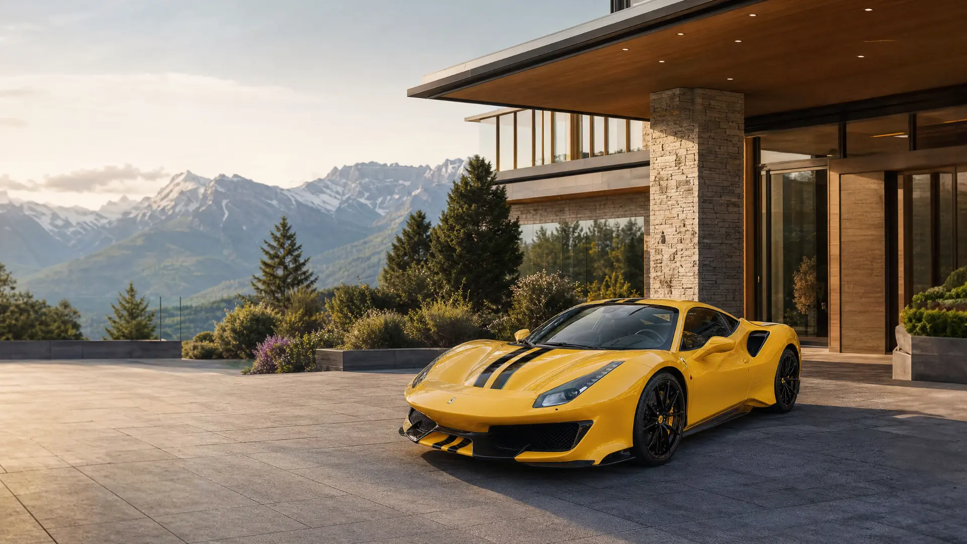 The Yellow Pista, a Giallo Modena Ferrari 488 Pista, parked at the entrance of a modern Alpine residence at golden hour
